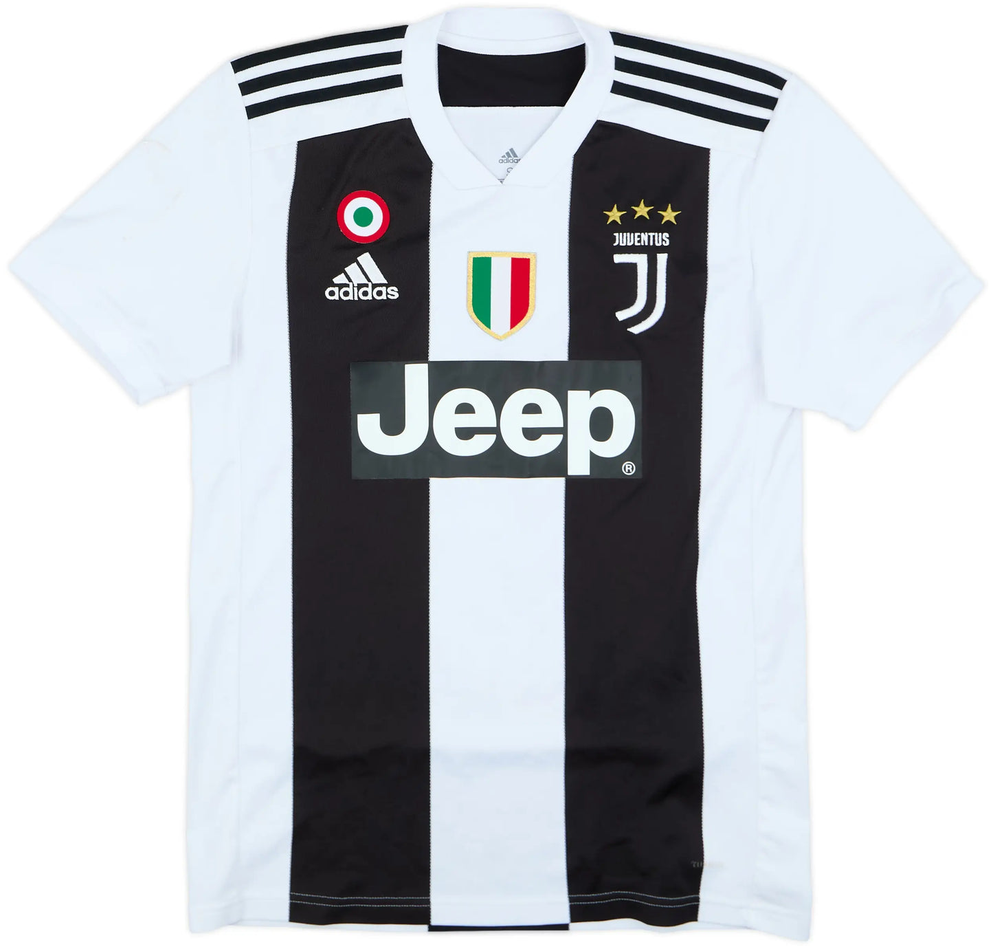 Black and white soccer jersey with Adidas and Juventus logos on a white background