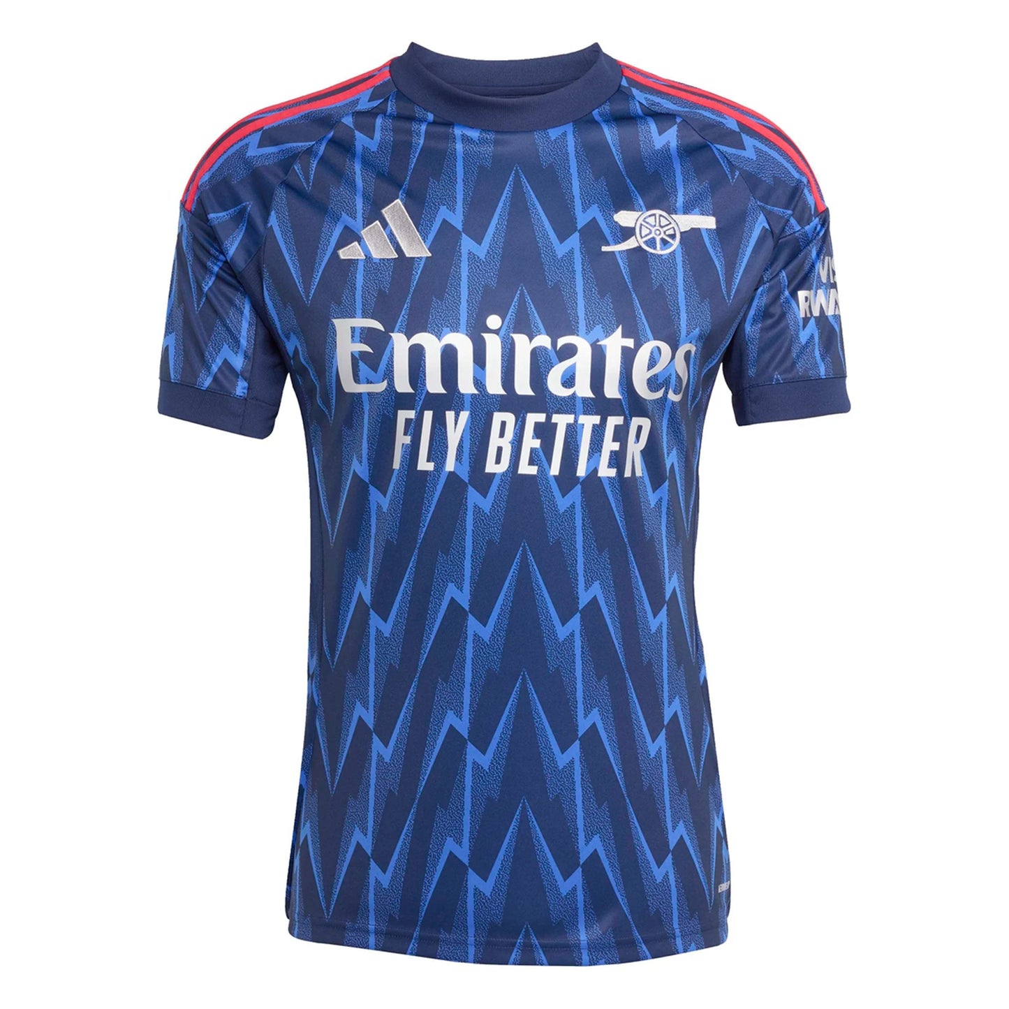 Blue sports jersey with Emirates and Adidas logos on a white background