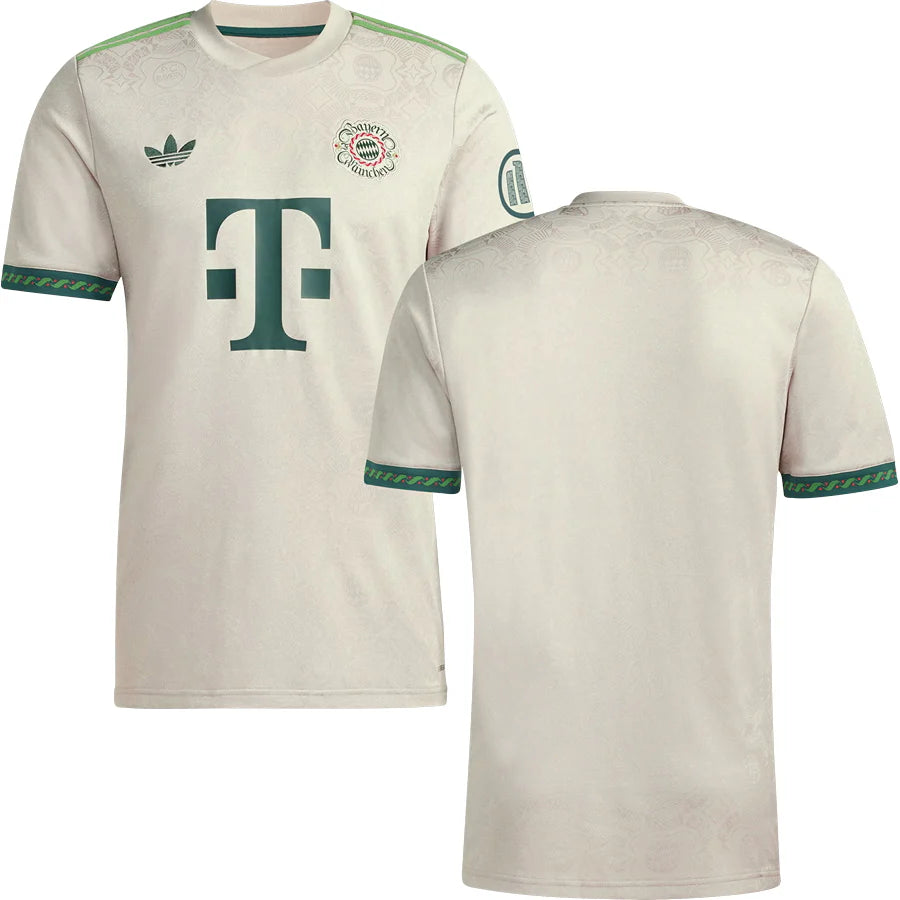 Beige sports jersey with green accents and logos on a white background