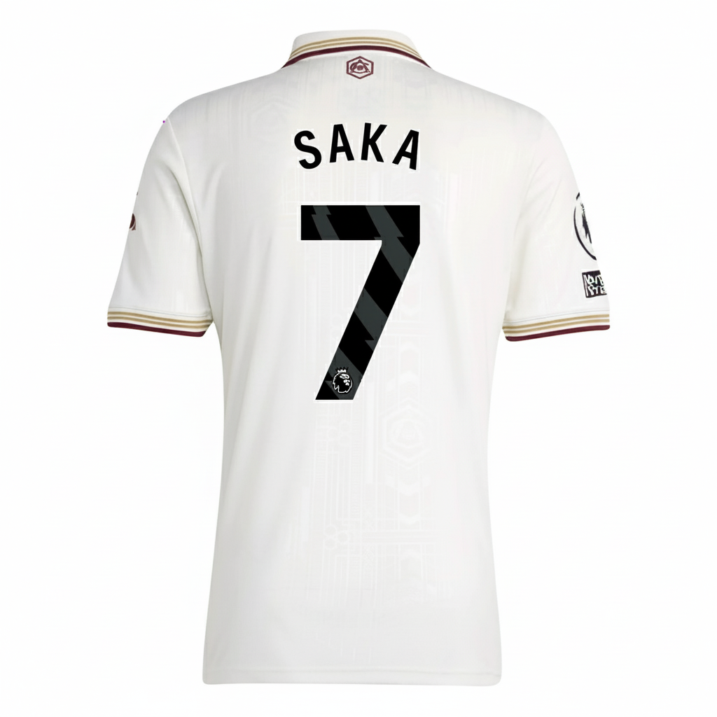 White sports jersey with 'Saka' and number '7' on a white background