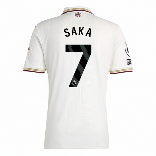 White sports jersey with 'Saka' and number '7' on a white background