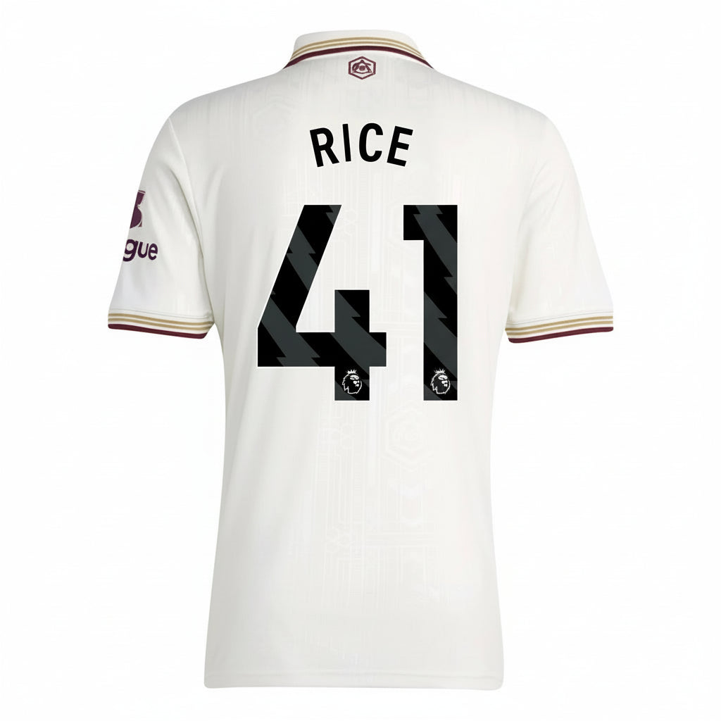 White sports jersey with 'Rice 41' printed on the back against a white background
