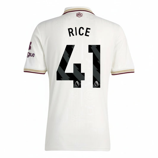 White sports jersey with 'Rice 41' printed on the back against a white background