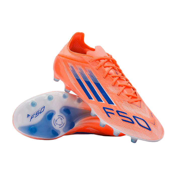 Orange soccer cleat with blue stripes and 'F50' branding on a light gray background