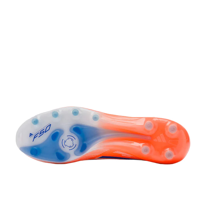 Close-up of a sports shoe sole with 'F50' branding on a light gray background