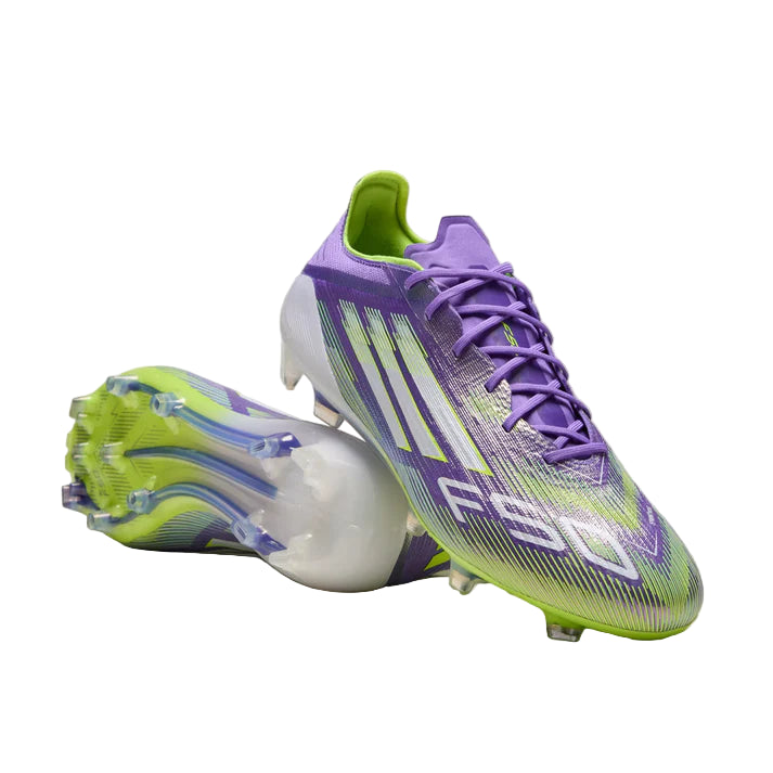 Purple and green soccer cleats on a light gray background
