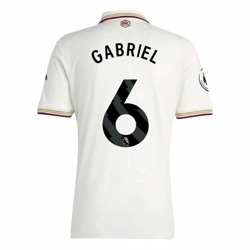 White sports jersey with 'Gabriel' and number '6' on a white background