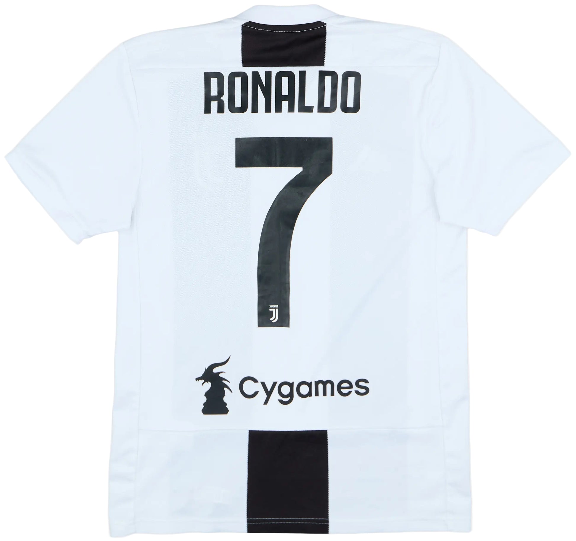 White sports jersey with 'RONALDO' and number '7', featuring a logo and text on a white background.