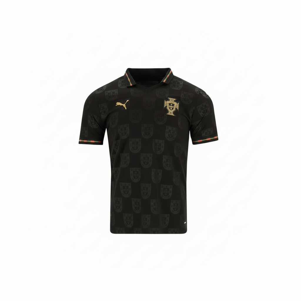 Black sports jersey with a repeated logo on a white background