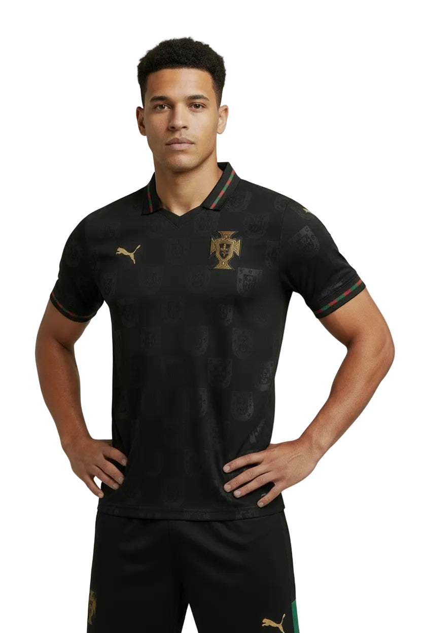 Black sports jersey with a repeated logo on a white background