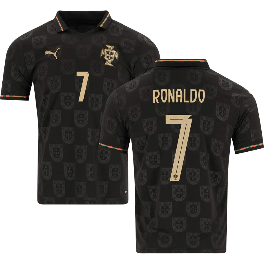 Black soccer jersey with gold number 7 and 'RONALDO' text, featuring Puma logo.