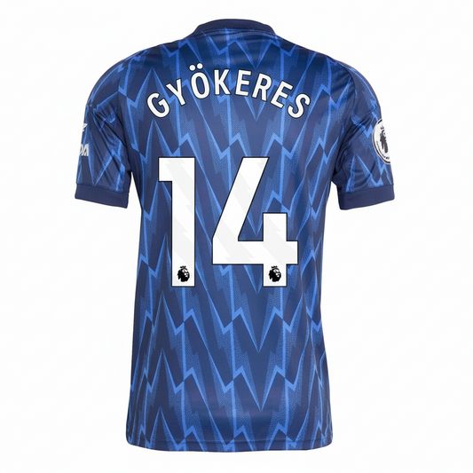 Blue sports jersey with white text and number on a white background