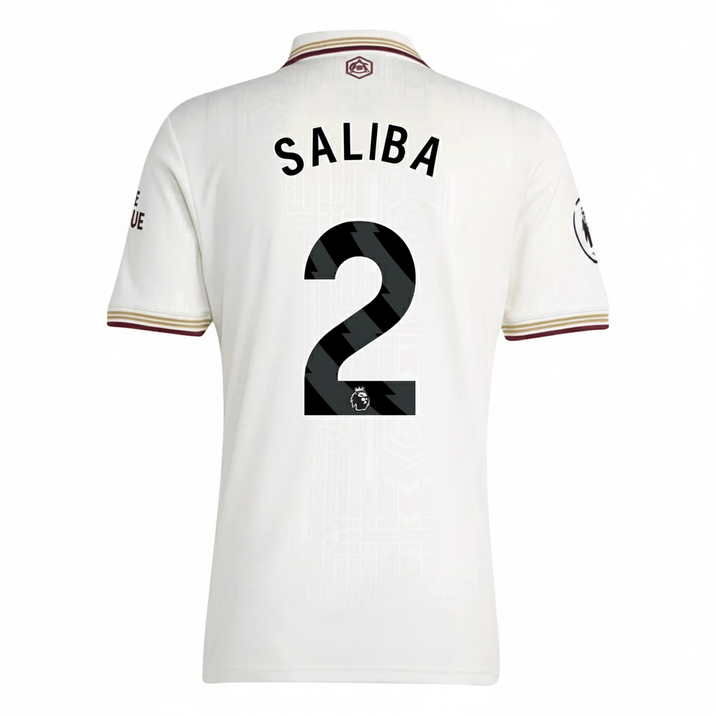 White sports jersey with 'Saliba' and number '2' on a white background