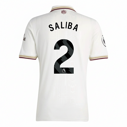 White sports jersey with 'Saliba' and number '2' on a white background
