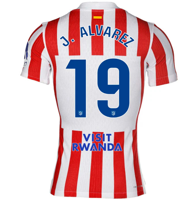 Red and white striped sports jersey with blue text and numbers on a white background